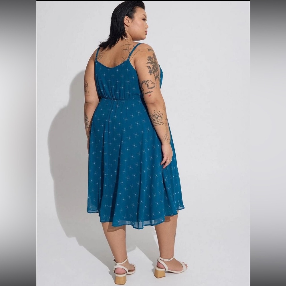 Torrid Midi Chiffon Pleated Dress Pockets Teal Starburst Flowy Elegant 4 4X 26 - Picture 4 of 16